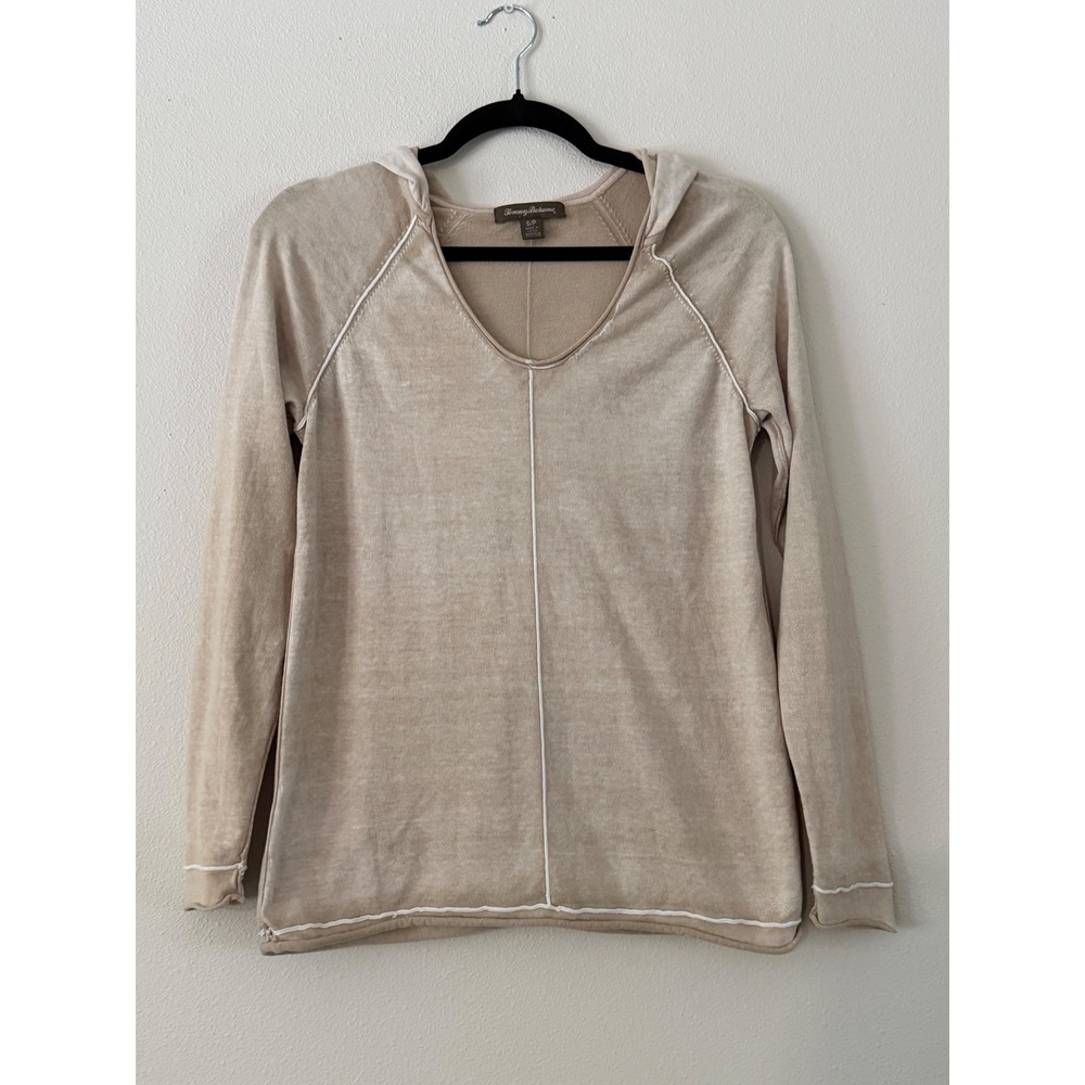 Tommy Bahama Sun Worn Womens Small Tan Cotton V-Neck Hooded Pullover Sweater
